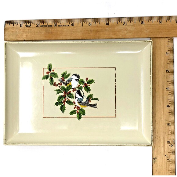 Otagiri Christmas Lacquerware Tray Vintage Sparrow Holly Holiday Trinket Dish - Picture 6 of 9